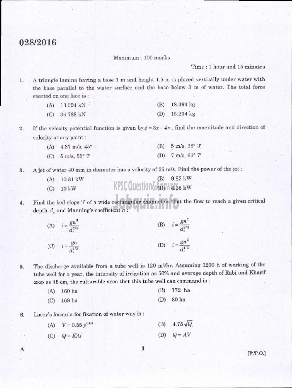 Kerala PSC Question Paper - ASSISTANT ENGINEER DIRECT/BY TRANSFER KERALA WATER AUTHORITY-1
