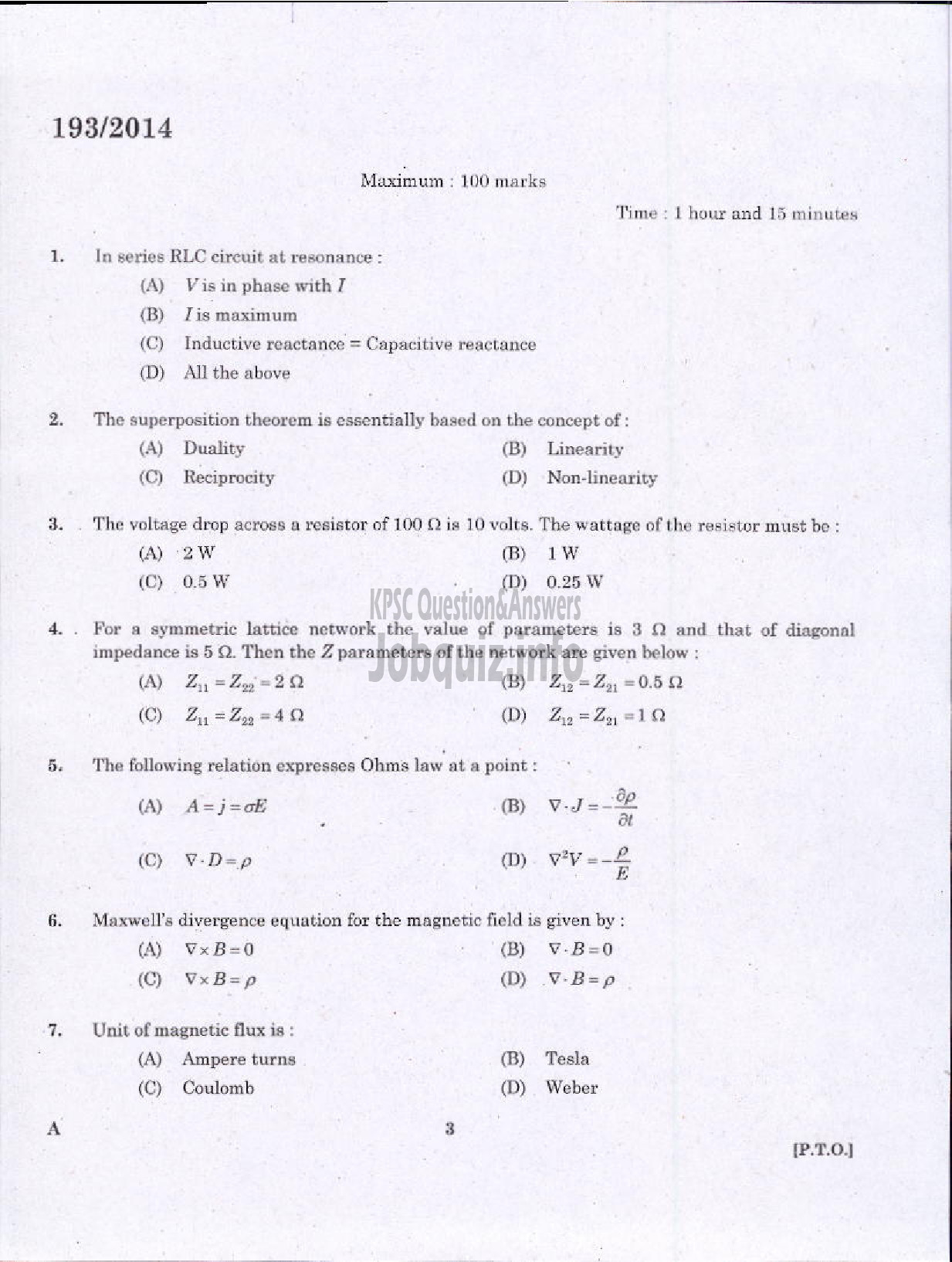 Kerala PSC Question Paper - ASSISTANT ENGINEER ELECTRICAL DIRECT AND BY TRANSFER KSEB-1