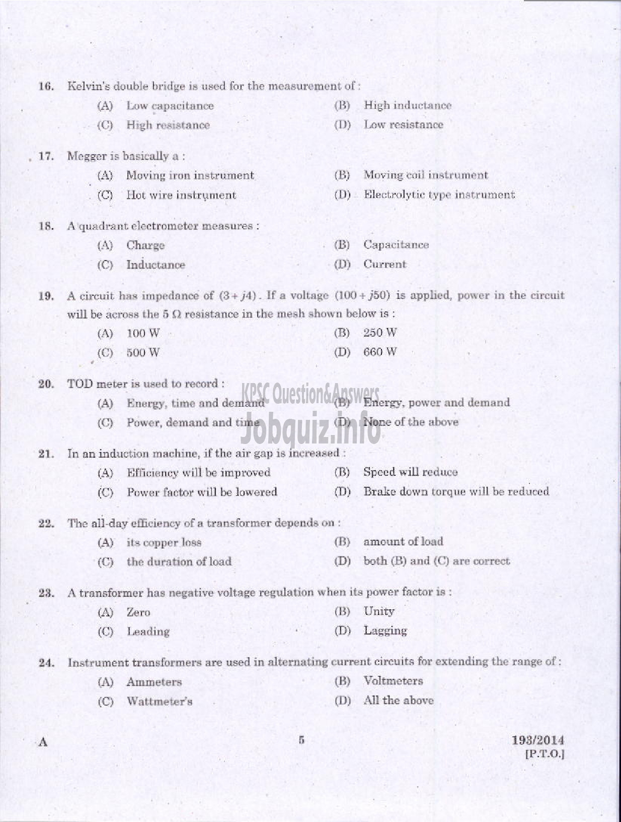 Kerala PSC Question Paper - ASSISTANT ENGINEER ELECTRICAL DIRECT AND BY TRANSFER KSEB-3