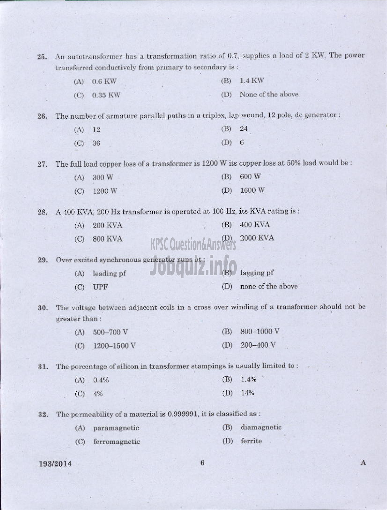 Kerala PSC Question Paper - ASSISTANT ENGINEER ELECTRICAL DIRECT AND BY TRANSFER KSEB-4
