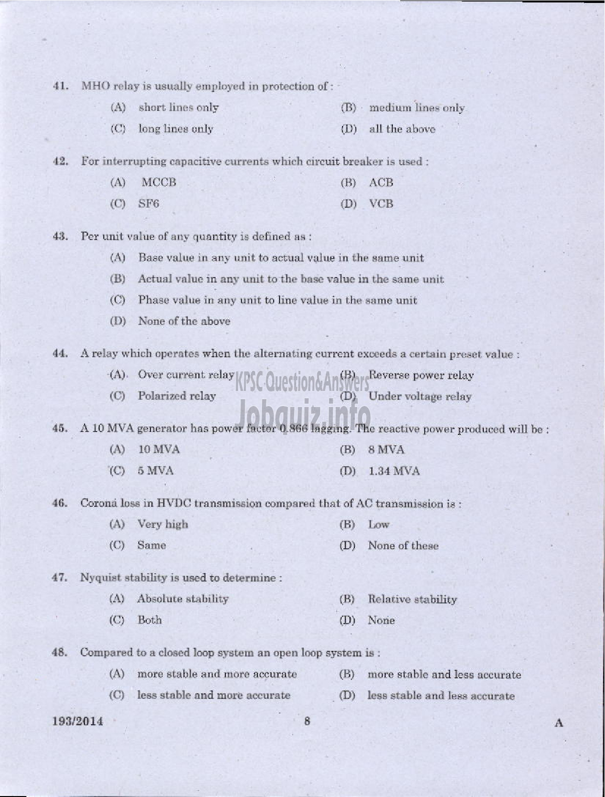Kerala PSC Question Paper - ASSISTANT ENGINEER ELECTRICAL DIRECT AND BY TRANSFER KSEB-6