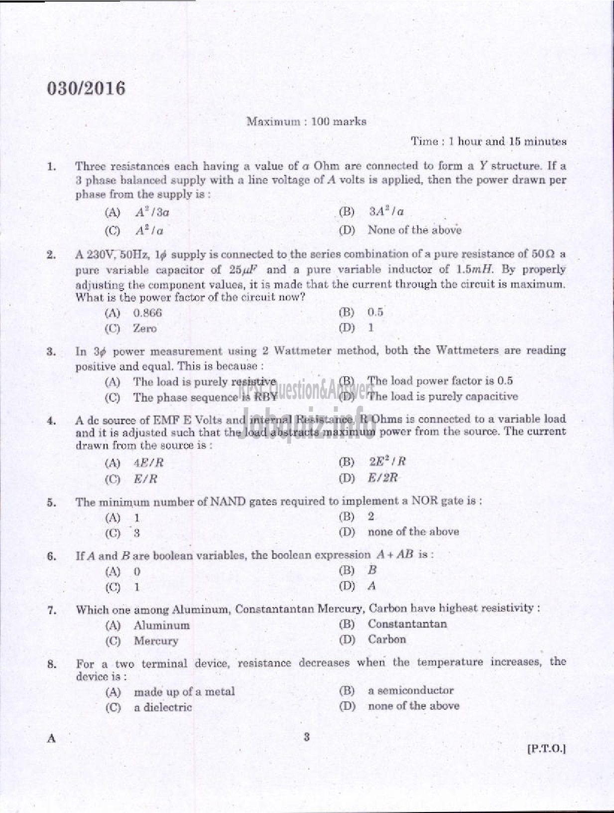 Kerala PSC Question Paper - ASSISTANT ENGINEER ELECTRICAL HARBOUR ENGINEERING-1