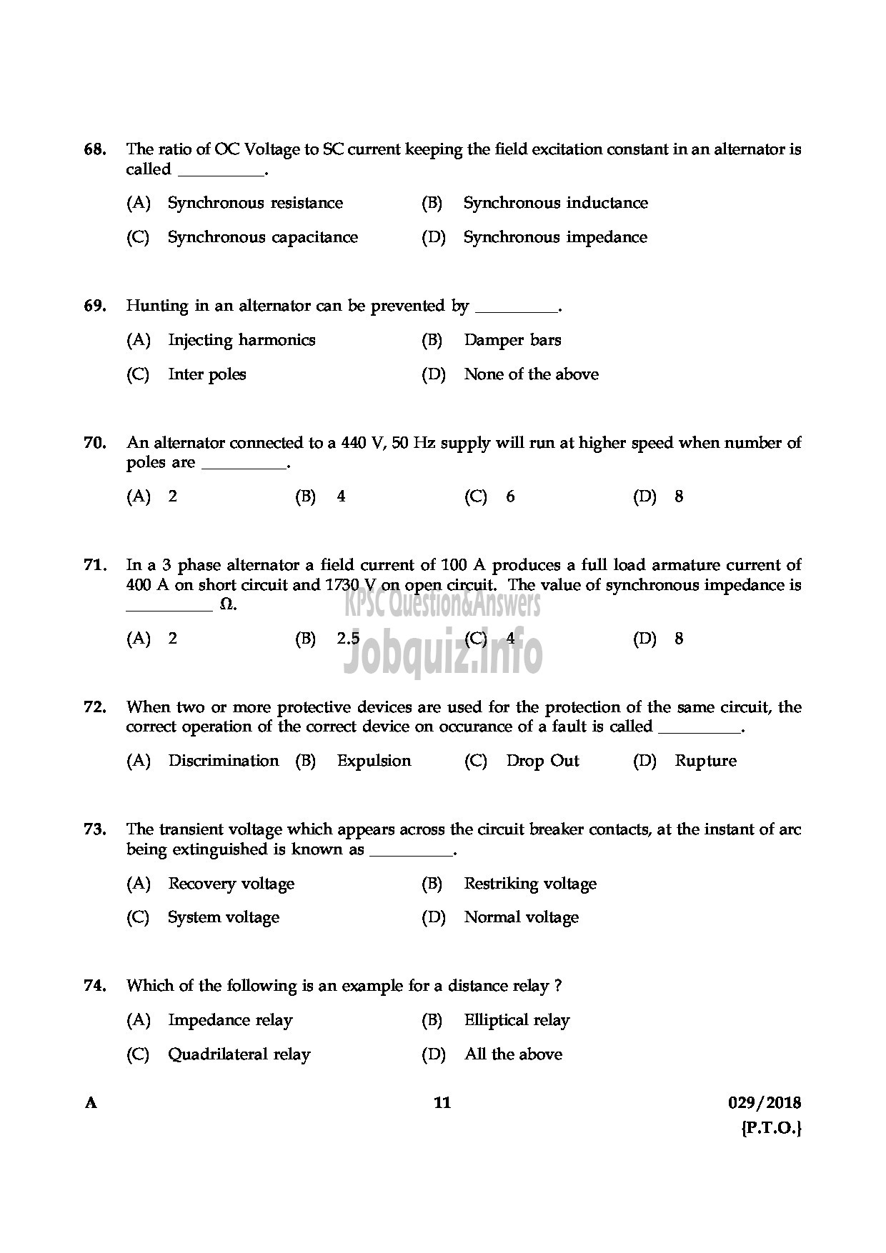 Kerala PSC Question Paper - ASSISTANT ENGINEER ELECTRICAL PLANTATION CORPORATION OF KERALA LTD-11