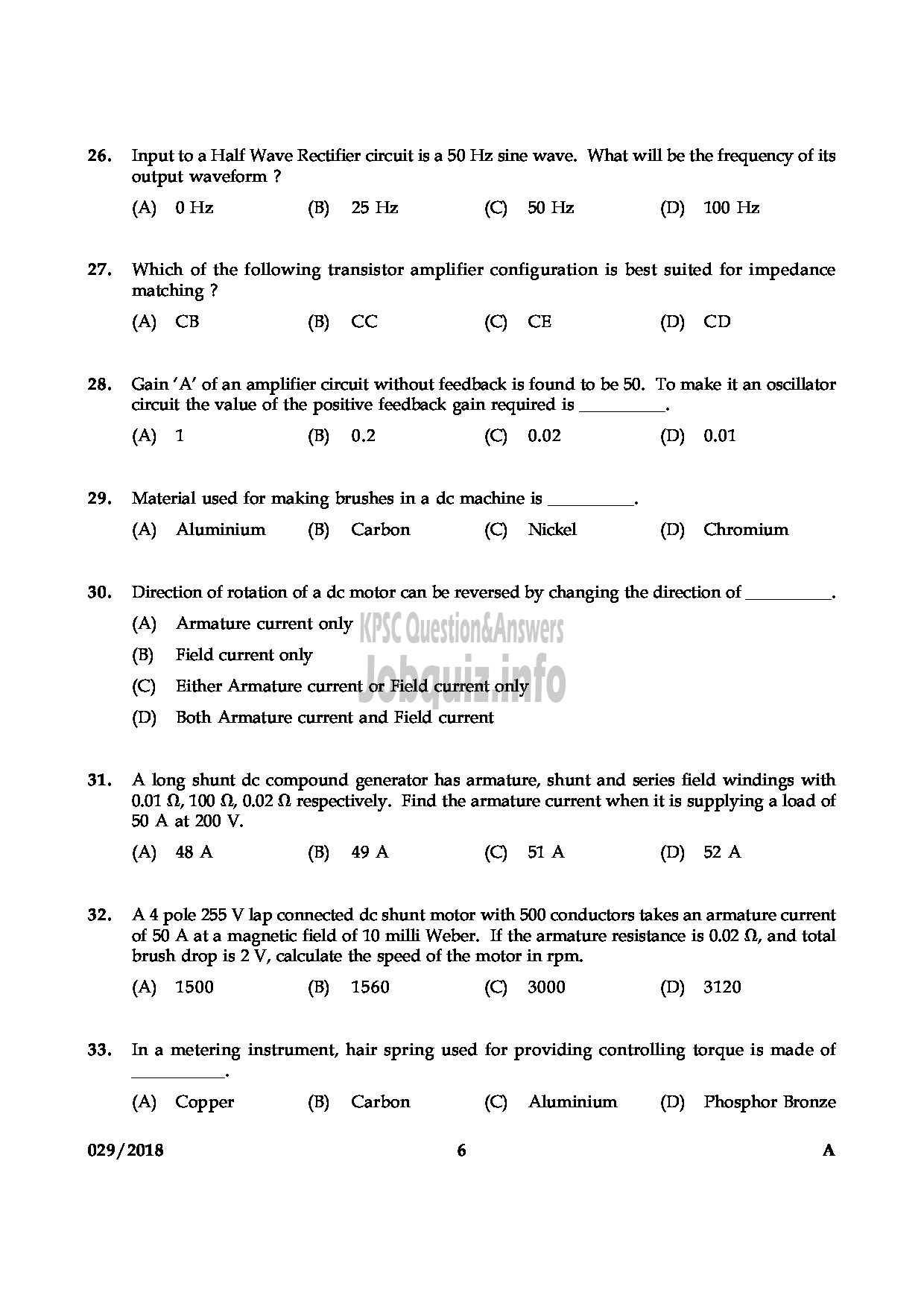 Kerala PSC Question Paper - ASSISTANT ENGINEER ELECTRICAL PLANTATION CORPORATION OF KERALA LTD-6