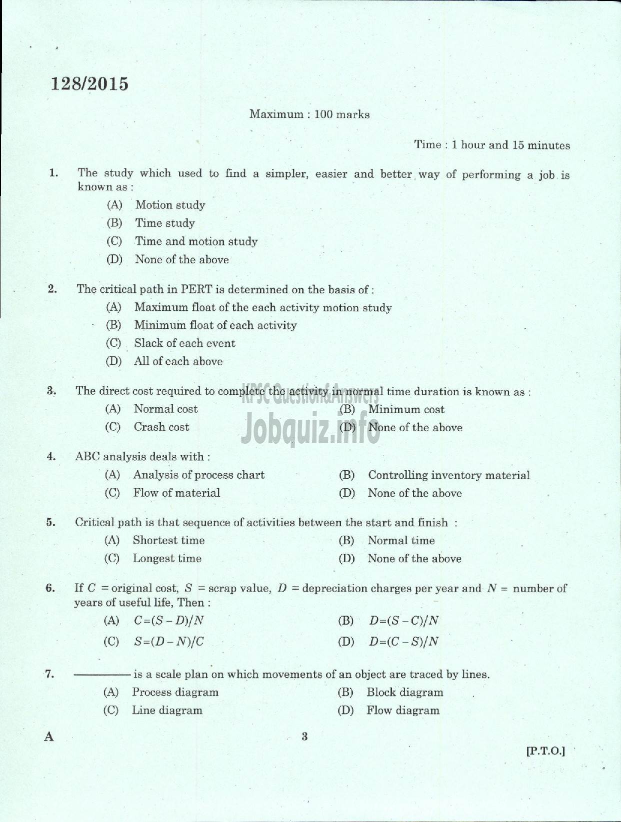 Kerala PSC Question Paper - ASSISTANT ENGINEER MECHANICAL PLANTATION CORPORATION OF KERALA LTD-1