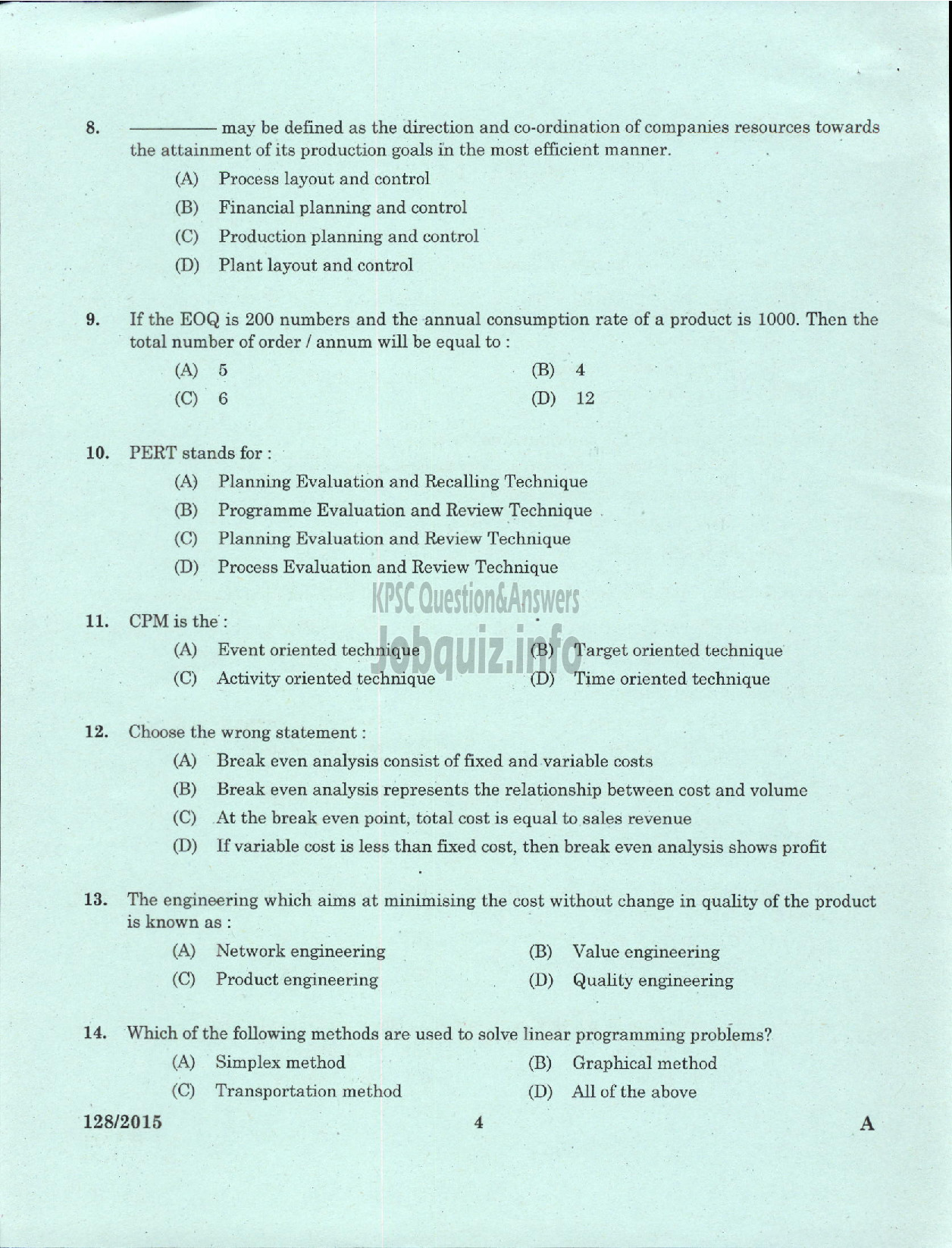 Kerala PSC Question Paper - ASSISTANT ENGINEER MECHANICAL PLANTATION CORPORATION OF KERALA LTD-2