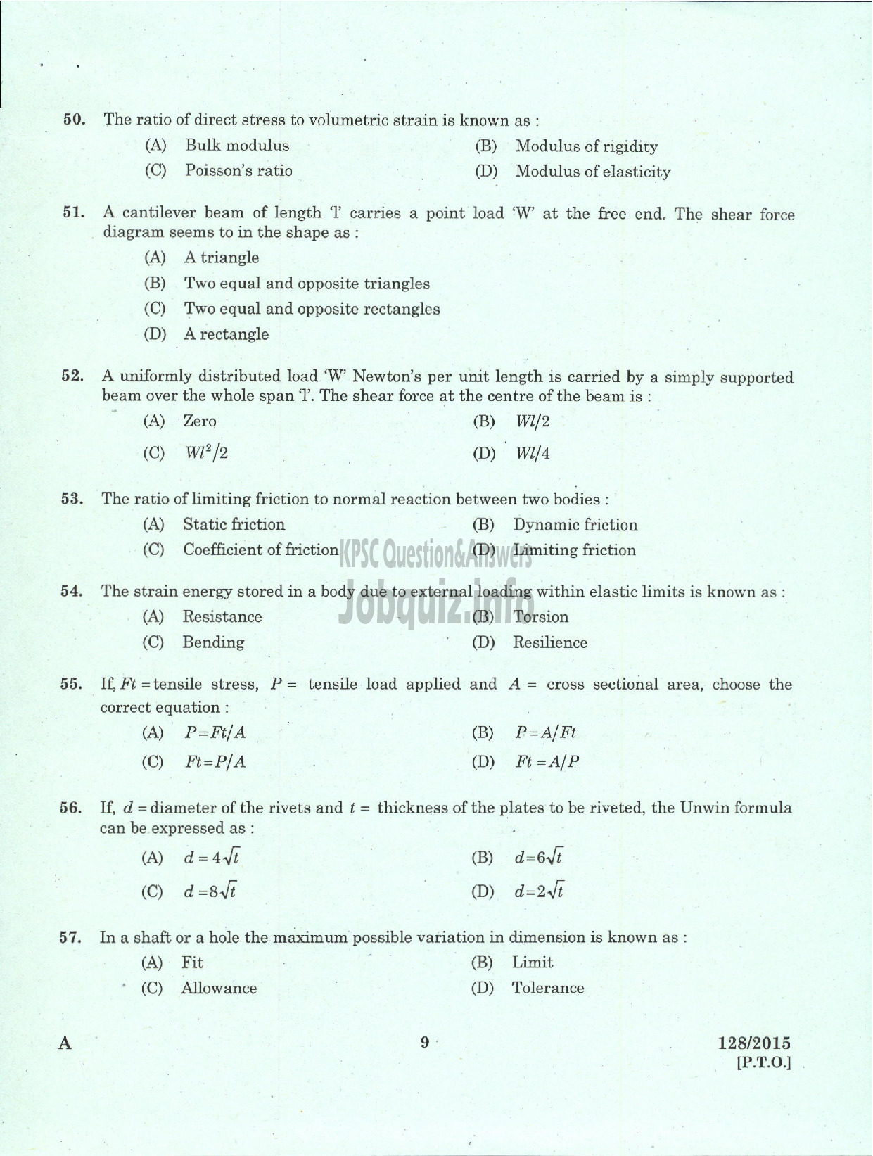 Kerala PSC Question Paper - ASSISTANT ENGINEER MECHANICAL PLANTATION CORPORATION OF KERALA LTD-7