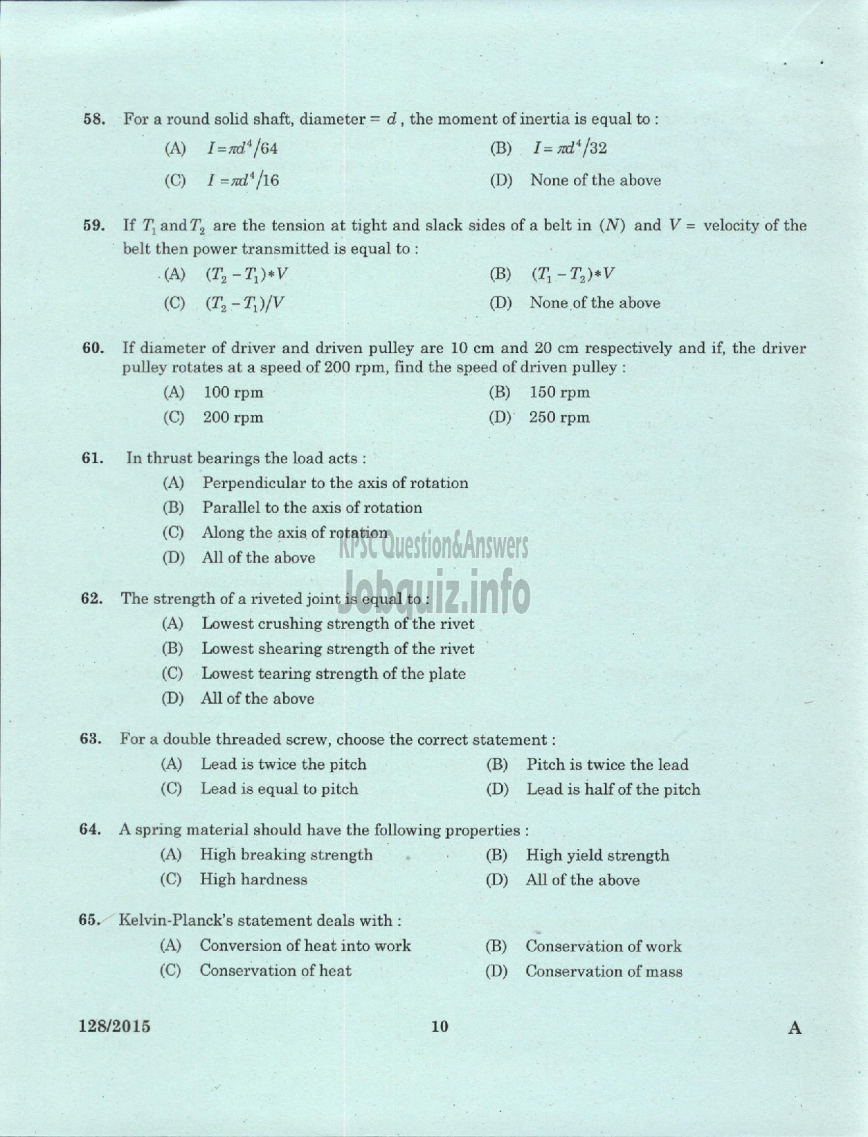 Kerala PSC Question Paper - ASSISTANT ENGINEER MECHANICAL PLANTATION CORPORATION OF KERALA LTD-8