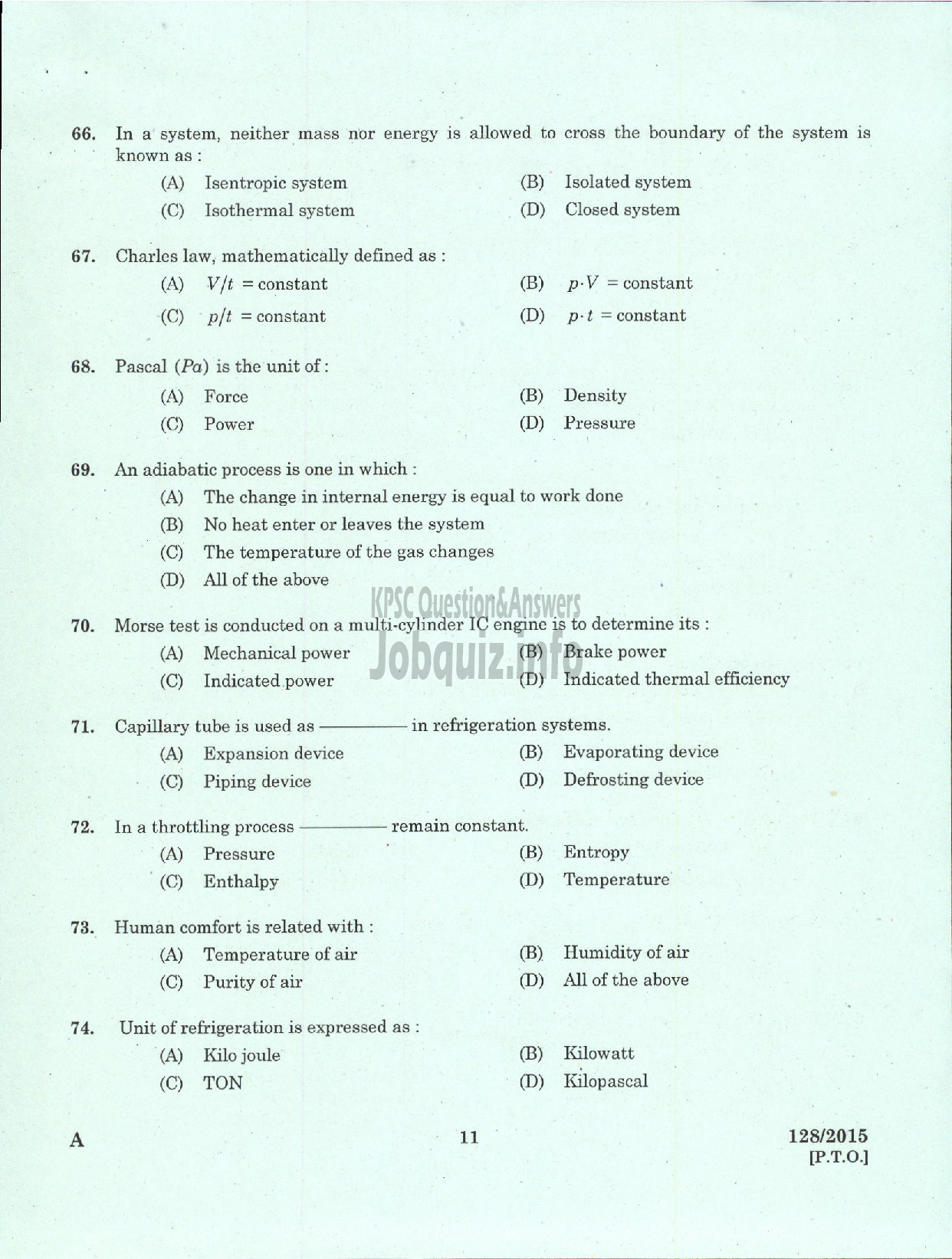 Kerala PSC Question Paper - ASSISTANT ENGINEER MECHANICAL PLANTATION CORPORATION OF KERALA LTD-9