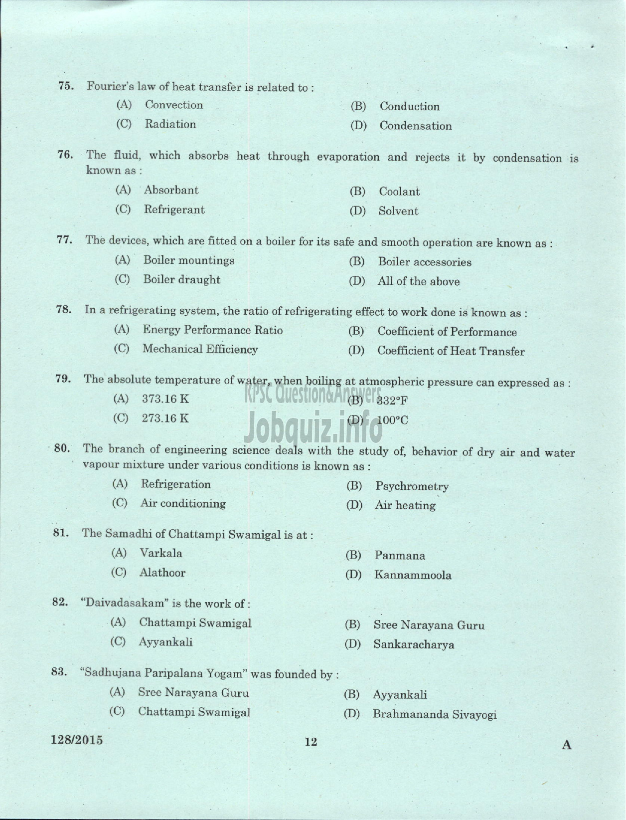 Kerala PSC Question Paper - ASSISTANT ENGINEER MECHANICAL PLANTATION CORPORATION OF KERALA LTD-10