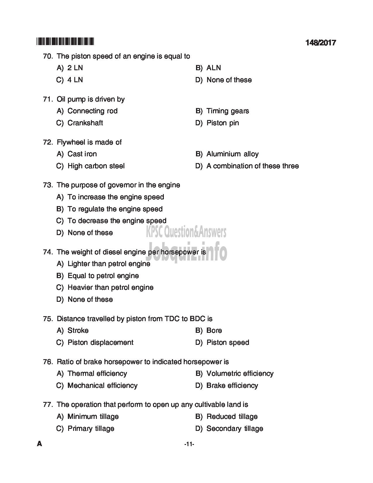 Kerala PSC Question Paper - ASSISTANT ENGINEER SOIL CONSERVATION SOIL SURVEY AND SOIL CONSERVATION-11