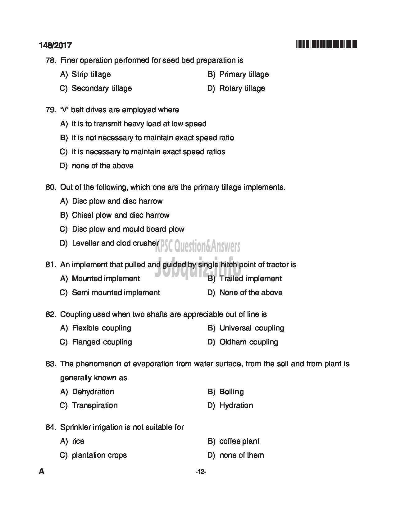 Kerala PSC Question Paper - ASSISTANT ENGINEER SOIL CONSERVATION SOIL SURVEY AND SOIL CONSERVATION-12