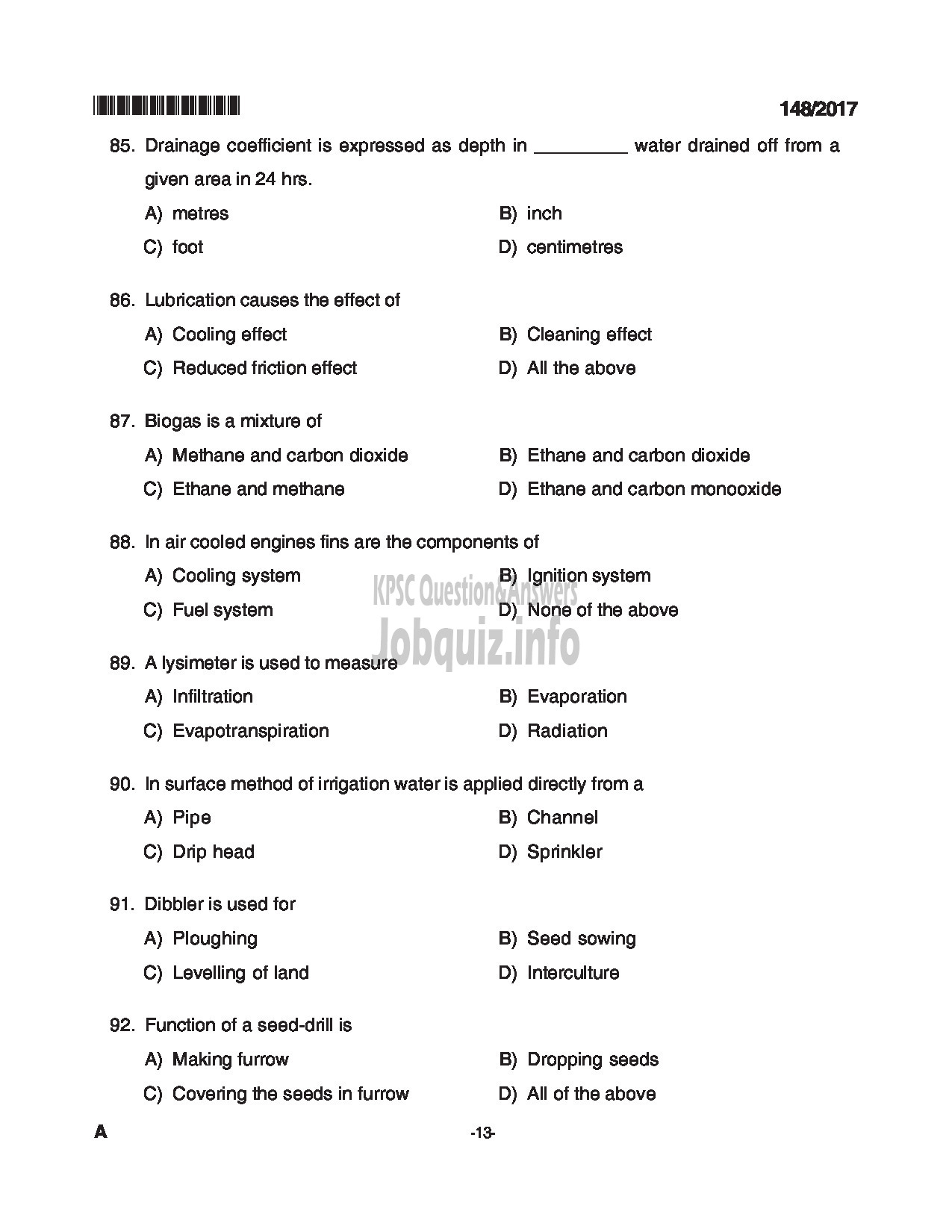 Kerala PSC Question Paper - ASSISTANT ENGINEER SOIL CONSERVATION SOIL SURVEY AND SOIL CONSERVATION-13