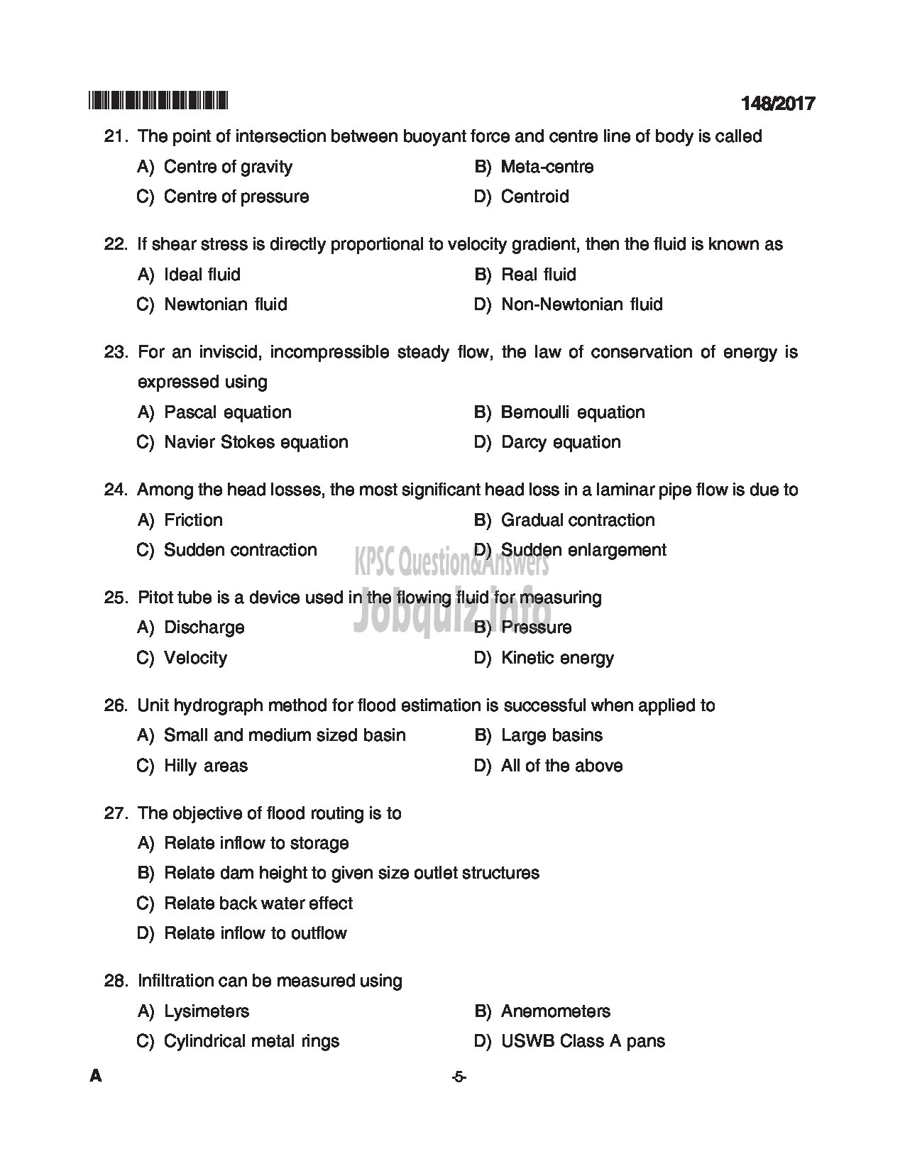 Kerala PSC Question Paper - ASSISTANT ENGINEER SOIL CONSERVATION SOIL SURVEY AND SOIL CONSERVATION-5