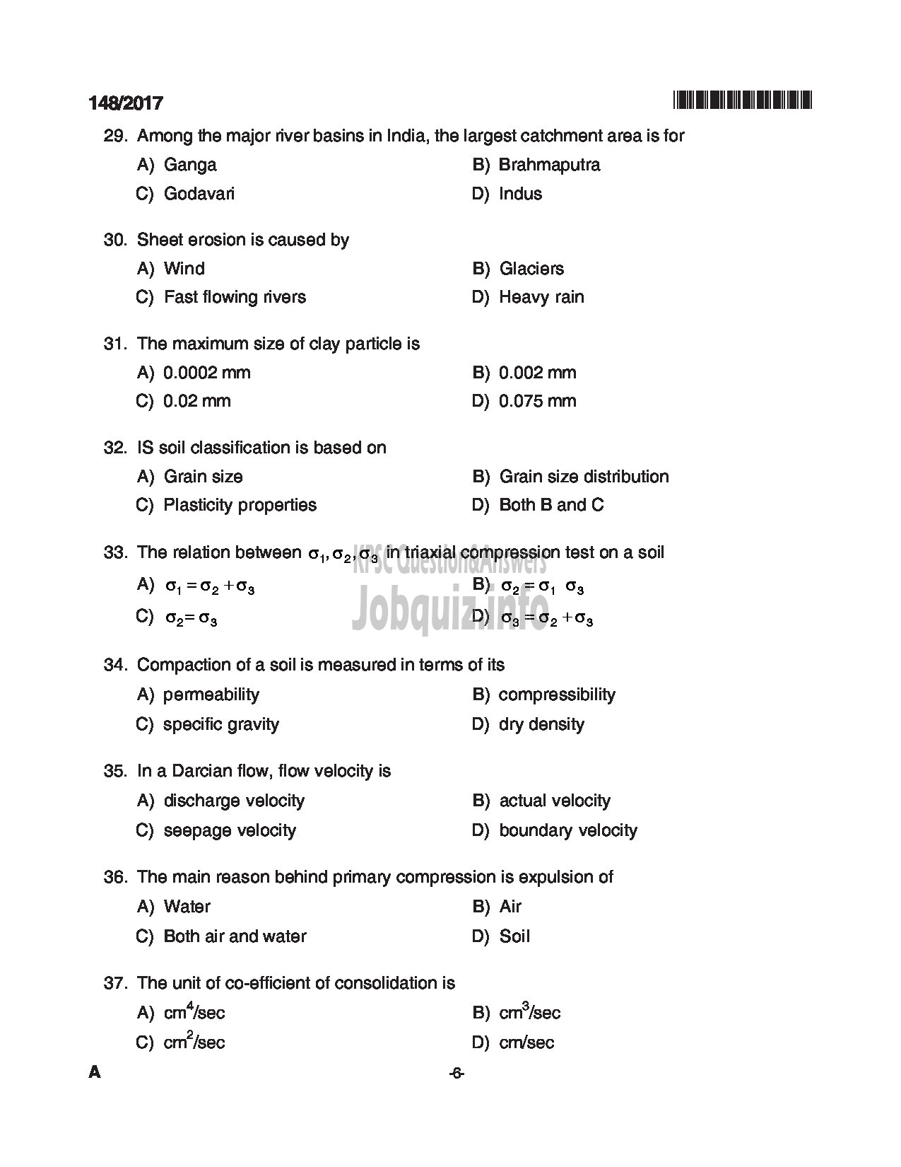 Kerala PSC Question Paper - ASSISTANT ENGINEER SOIL CONSERVATION SOIL SURVEY AND SOIL CONSERVATION-6