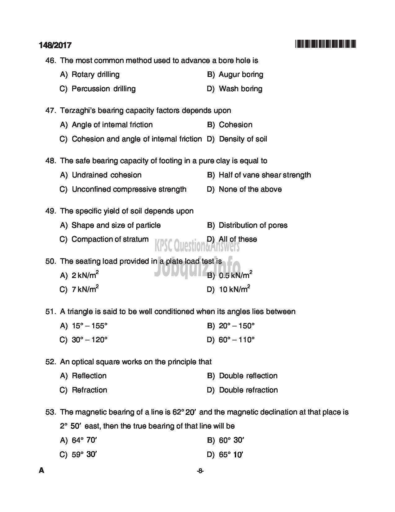 Kerala PSC Question Paper - ASSISTANT ENGINEER SOIL CONSERVATION SOIL SURVEY AND SOIL CONSERVATION-8