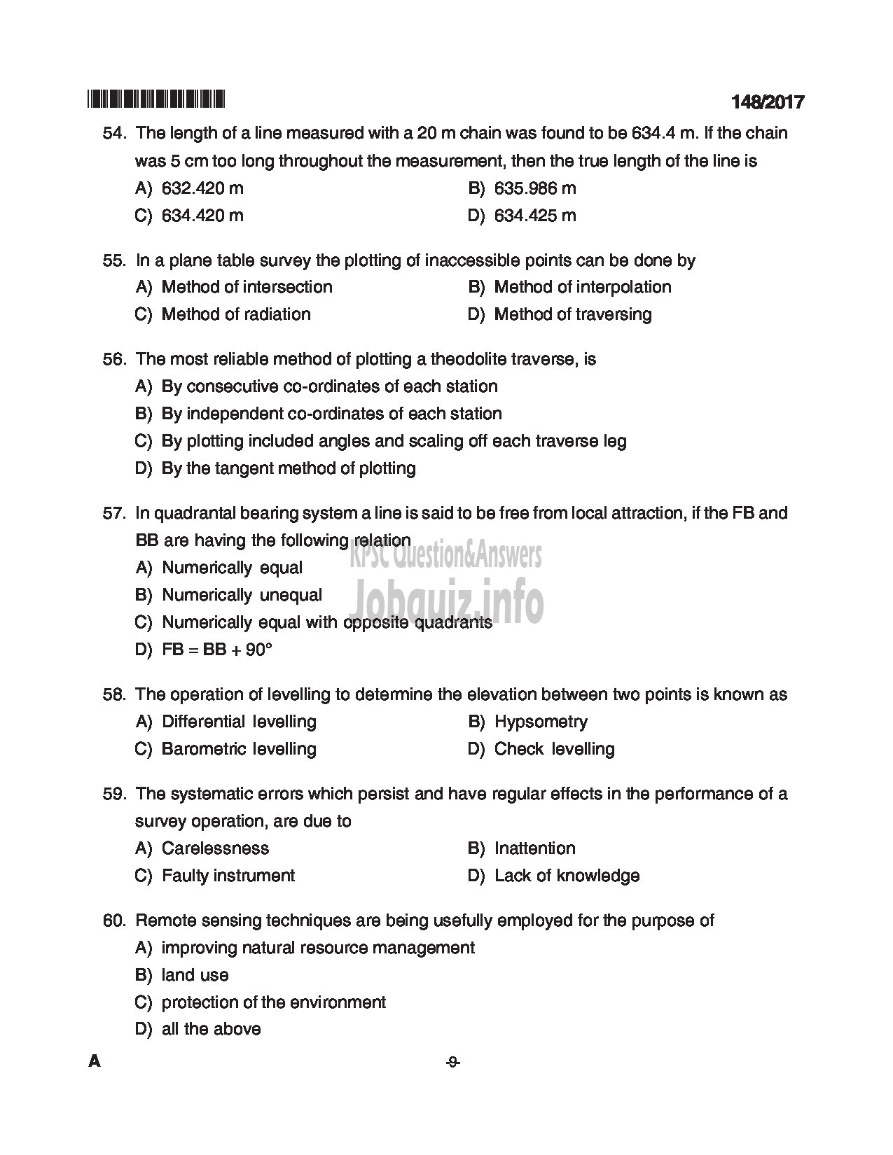 Kerala PSC Question Paper - ASSISTANT ENGINEER SOIL CONSERVATION SOIL SURVEY AND SOIL CONSERVATION-9