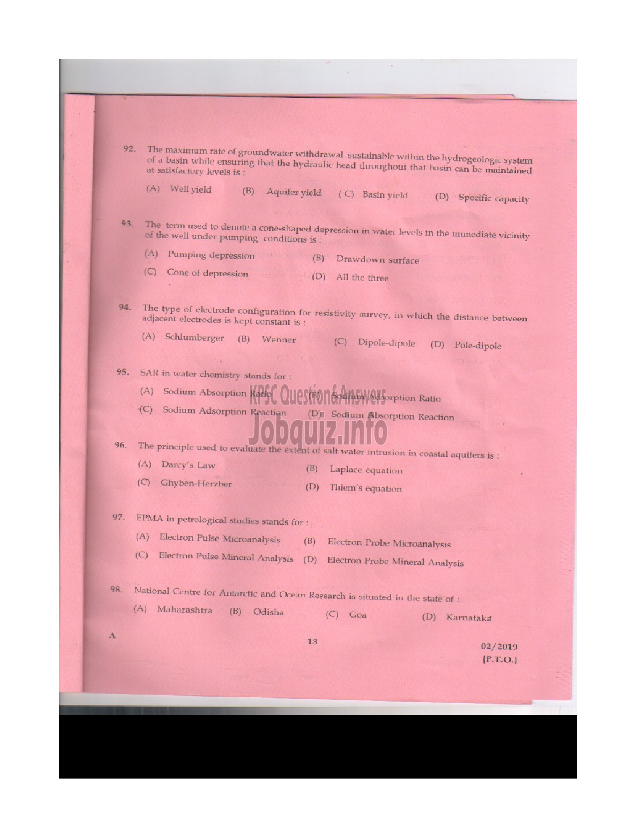 Kerala PSC Question Paper - ASSISTANT GEOLOGIST MINING AND GEOLOGY-12