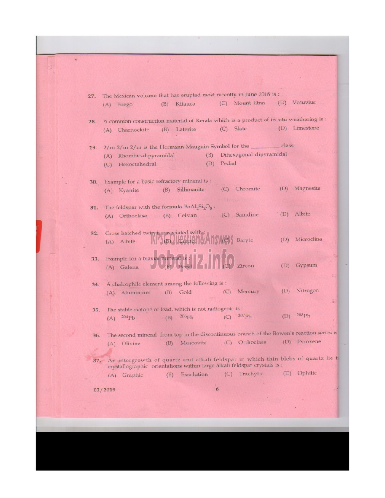 Kerala PSC Question Paper - ASSISTANT GEOLOGIST MINING AND GEOLOGY-5