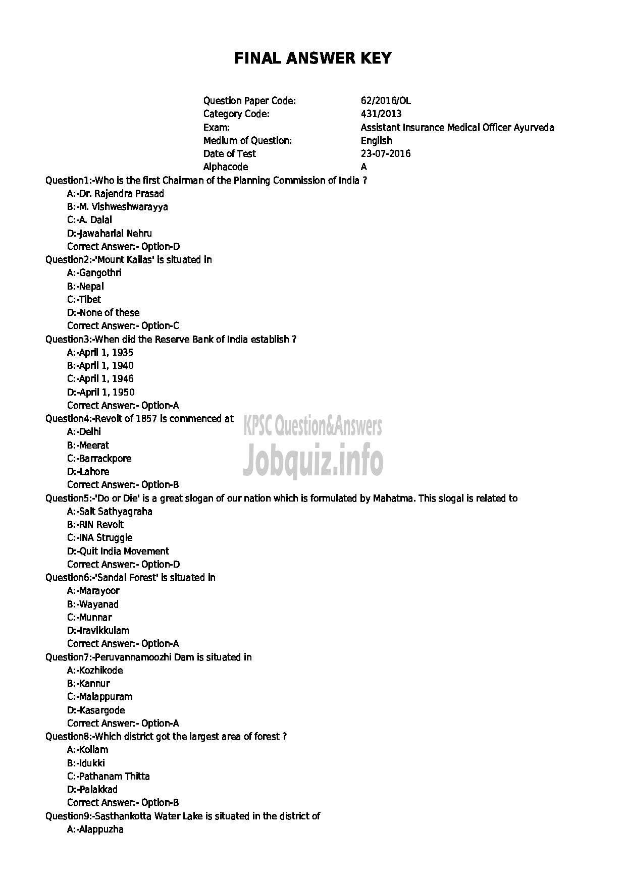 Kerala PSC Question Paper - ASSISTANT INSURANCE MEDICAL OFFICER AYURVEDA-1