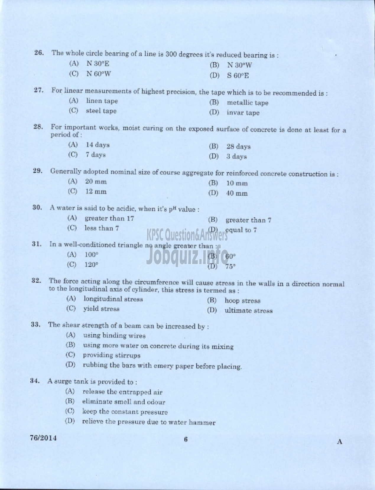 Kerala PSC Question Paper - ASSISTANT MARINE SURVEYOR SR FROM SC/ST PORT HYDROGRAPHIC SURVEY BRANCH-4