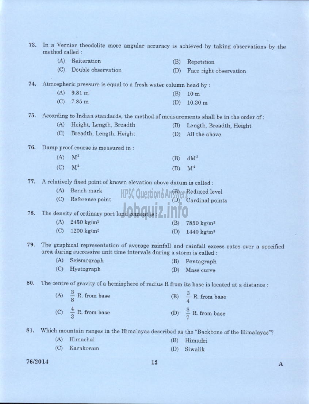 Kerala PSC Question Paper - ASSISTANT MARINE SURVEYOR SR FROM SC/ST PORT HYDROGRAPHIC SURVEY BRANCH-10