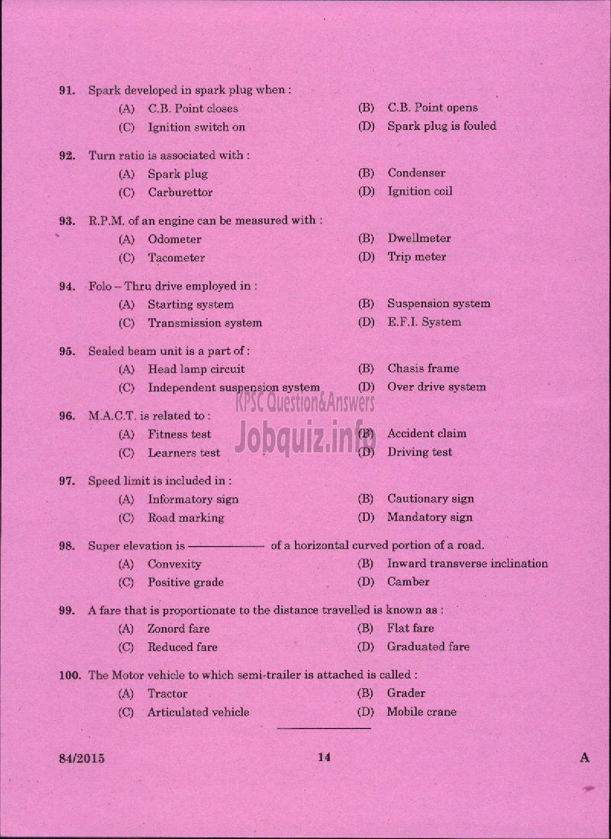 Kerala PSC Question Paper - ASSISTANT MOTOR VEHICLES INSPECTOR MOTOR VEHICLES-12