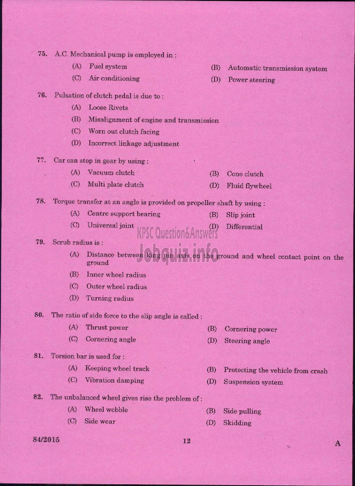 Kerala PSC Question Paper - ASSISTANT MOTOR VEHICLES INSPECTOR MOTOR VEHICLES-10