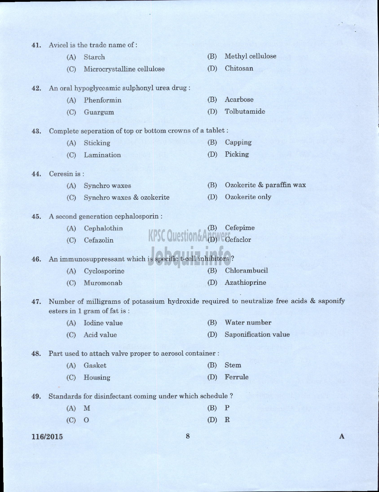 Kerala PSC Question Paper - ASSISTANT PHARMACIST KERALA STATE CIVIL SUPPLIES CORPORATION LTD-6