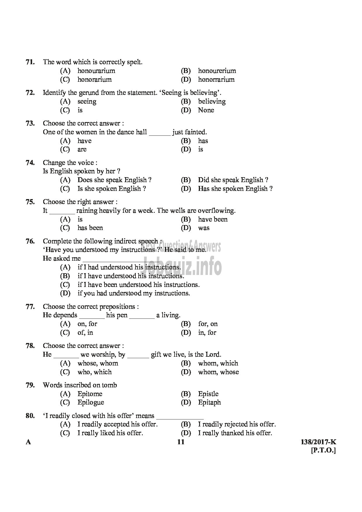 Kerala PSC Question Paper - ASSISTANT PRISON OFFICER MALE JAIL NCA OX KANNADA-11