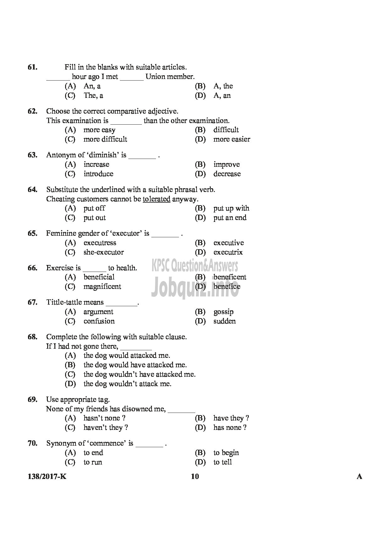 Kerala PSC Question Paper - ASSISTANT PRISON OFFICER MALE JAIL NCA OX KANNADA-10