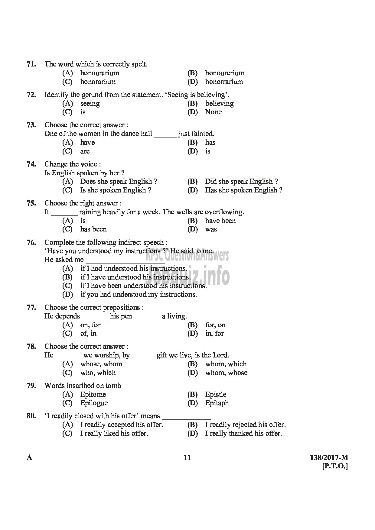 Kerala PSC Question Paper - ASSISTANT PRISON OFFICER MALE JAIL NCA OX MALAYALAM-11