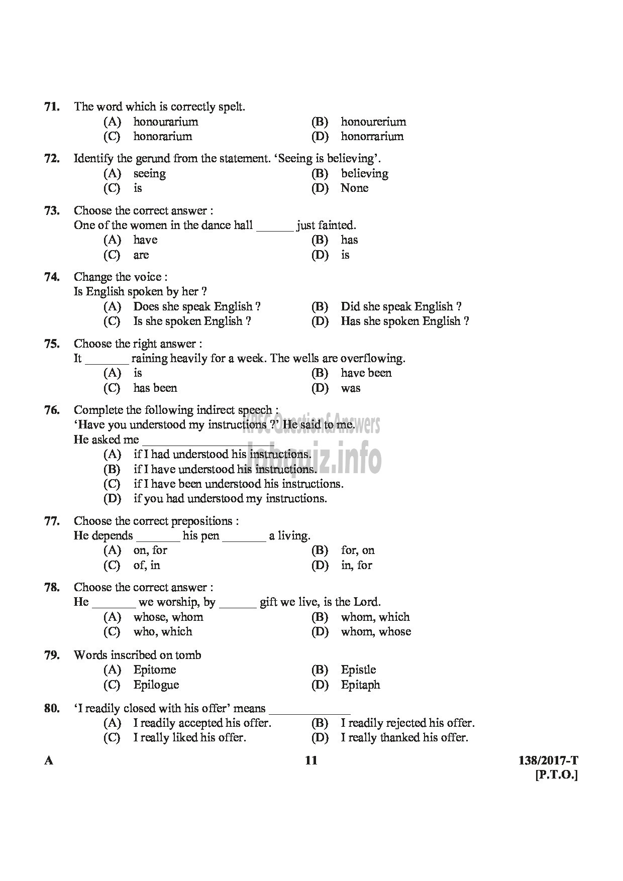 Kerala PSC Question Paper - ASSISTANT PRISON OFFICER MALE JAIL NCA OX TAMIL-11