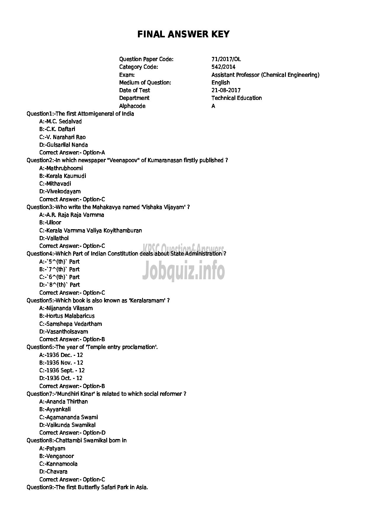 Kerala PSC Question Paper - ASSISTANT PROFESSOR CHEMICAL ENGINEERING TECHNICAL EDUCATION-1