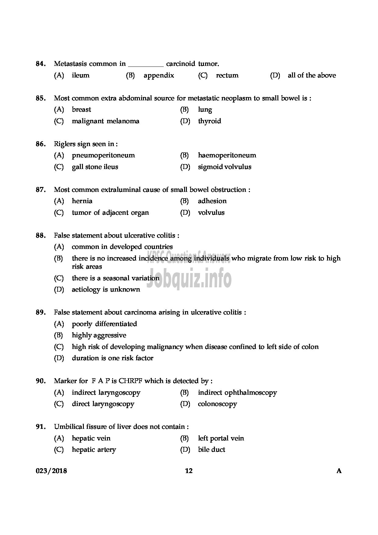 Kerala PSC Question Paper - ASSISTANT PROFESSOR GENERAL SURGERY MEDICAL EDUCATION-12