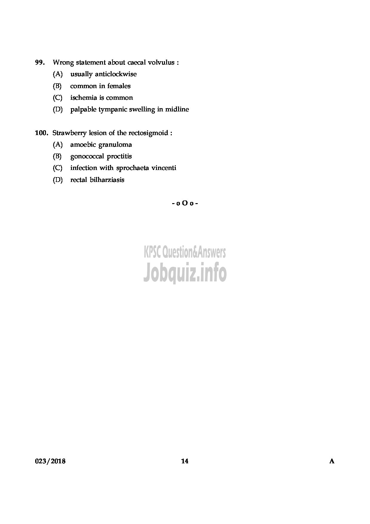 Kerala PSC Question Paper - ASSISTANT PROFESSOR GENERAL SURGERY MEDICAL EDUCATION-14