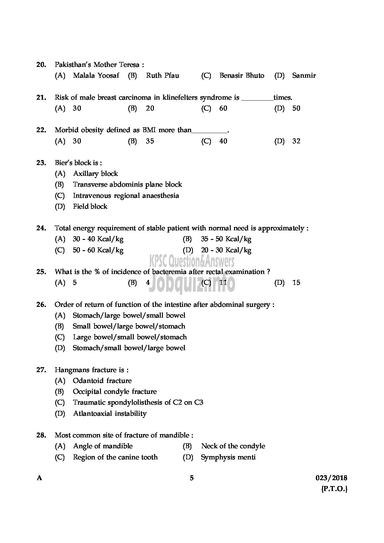 Kerala PSC Question Paper - ASSISTANT PROFESSOR GENERAL SURGERY MEDICAL EDUCATION-5