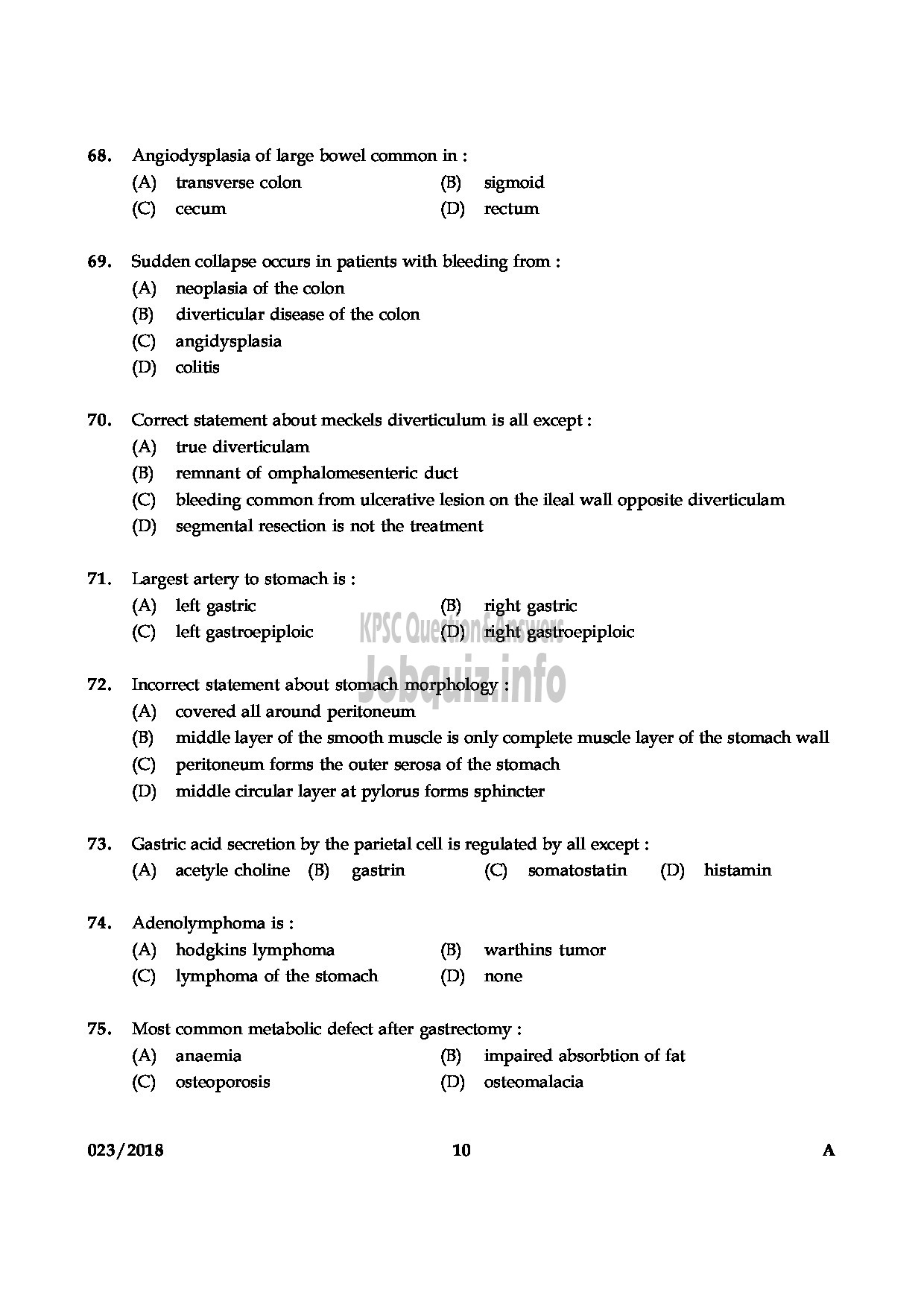 Kerala PSC Question Paper - ASSISTANT PROFESSOR GENERAL SURGERY MEDICAL EDUCATION-10