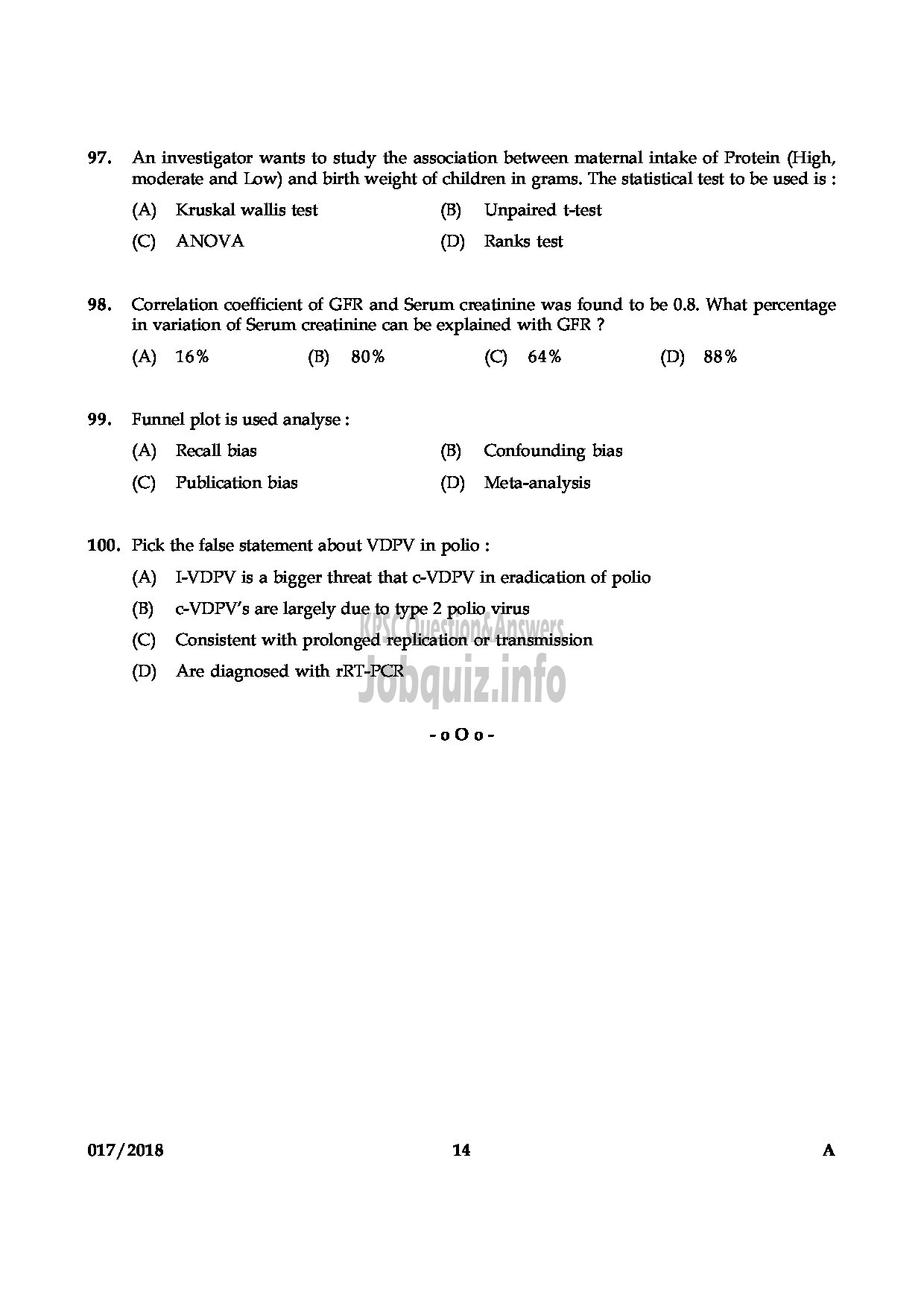 Kerala PSC Question Paper - ASSISTANT PROFESSOR IN COMMUNITY MEDICINE MEDICAL EDUCATION SERVICE-14