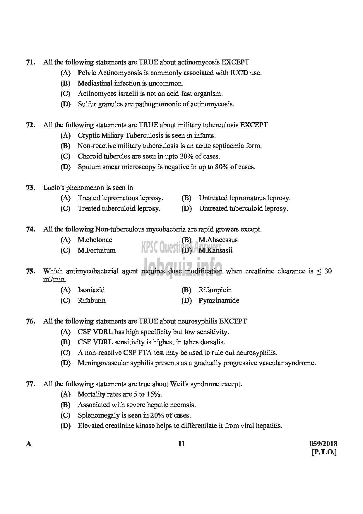 Kerala PSC Question Paper - ASSISTANT PROFESSOR IN INFECTIOUS DISEASES MEDICAL EDUCATION-11