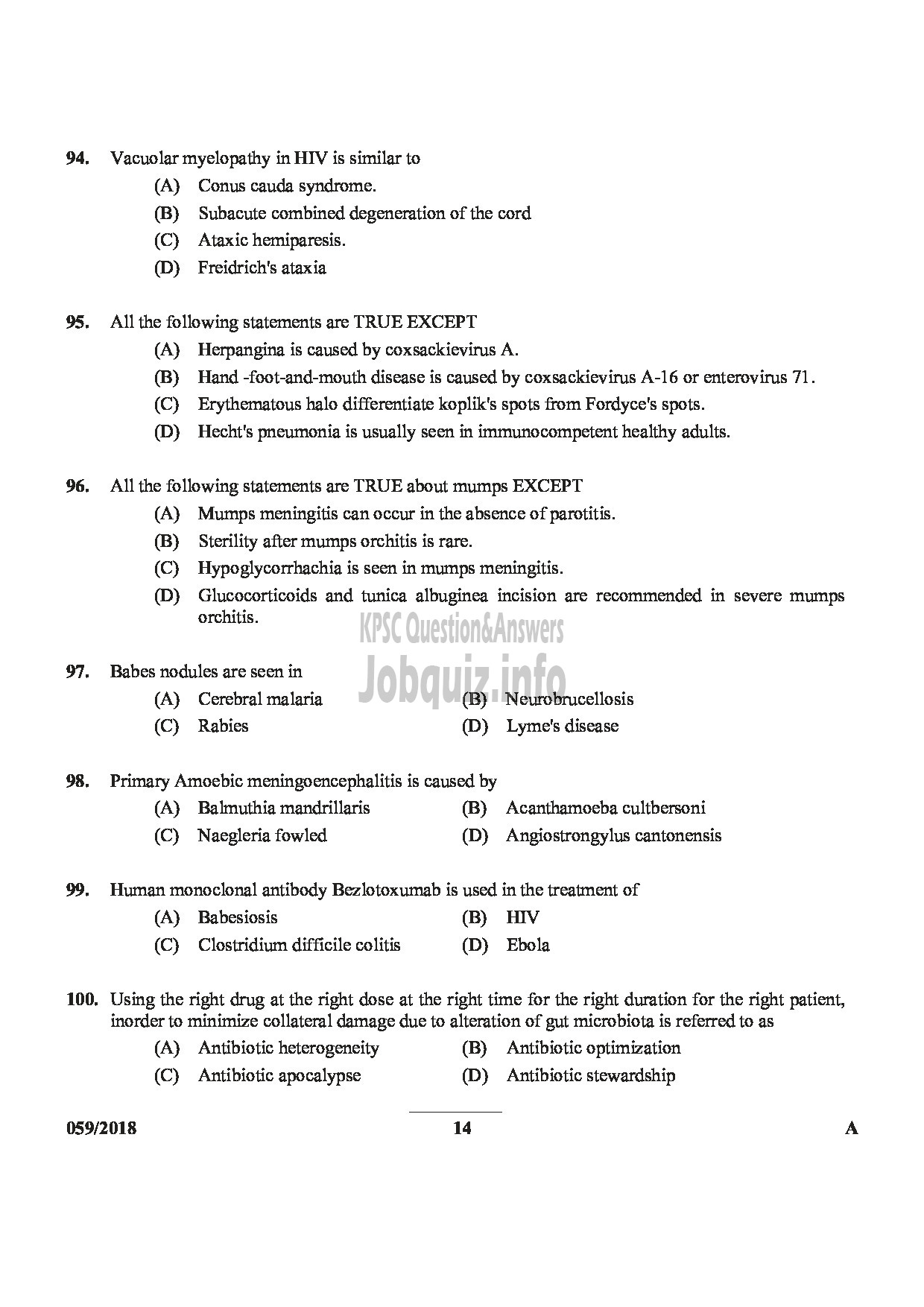 Kerala PSC Question Paper - ASSISTANT PROFESSOR IN INFECTIOUS DISEASES MEDICAL EDUCATION-14