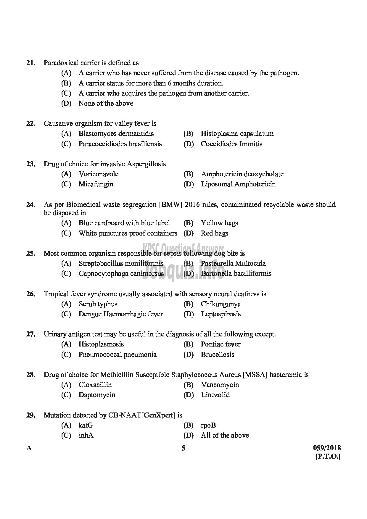 Kerala PSC Question Paper - ASSISTANT PROFESSOR IN INFECTIOUS DISEASES MEDICAL EDUCATION-5