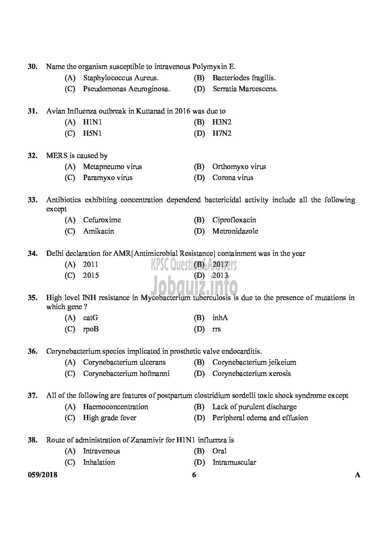 Kerala PSC Question Paper - ASSISTANT PROFESSOR IN INFECTIOUS DISEASES MEDICAL EDUCATION-6