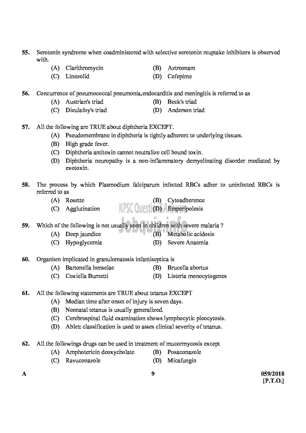 Kerala PSC Question Paper - ASSISTANT PROFESSOR IN INFECTIOUS DISEASES MEDICAL EDUCATION-9