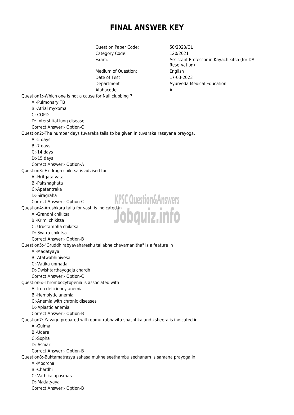 Kerala PSC Question Paper - ASSISTANT PROFESSOR IN KAYACHIKITSA (for DA Reservation)-1