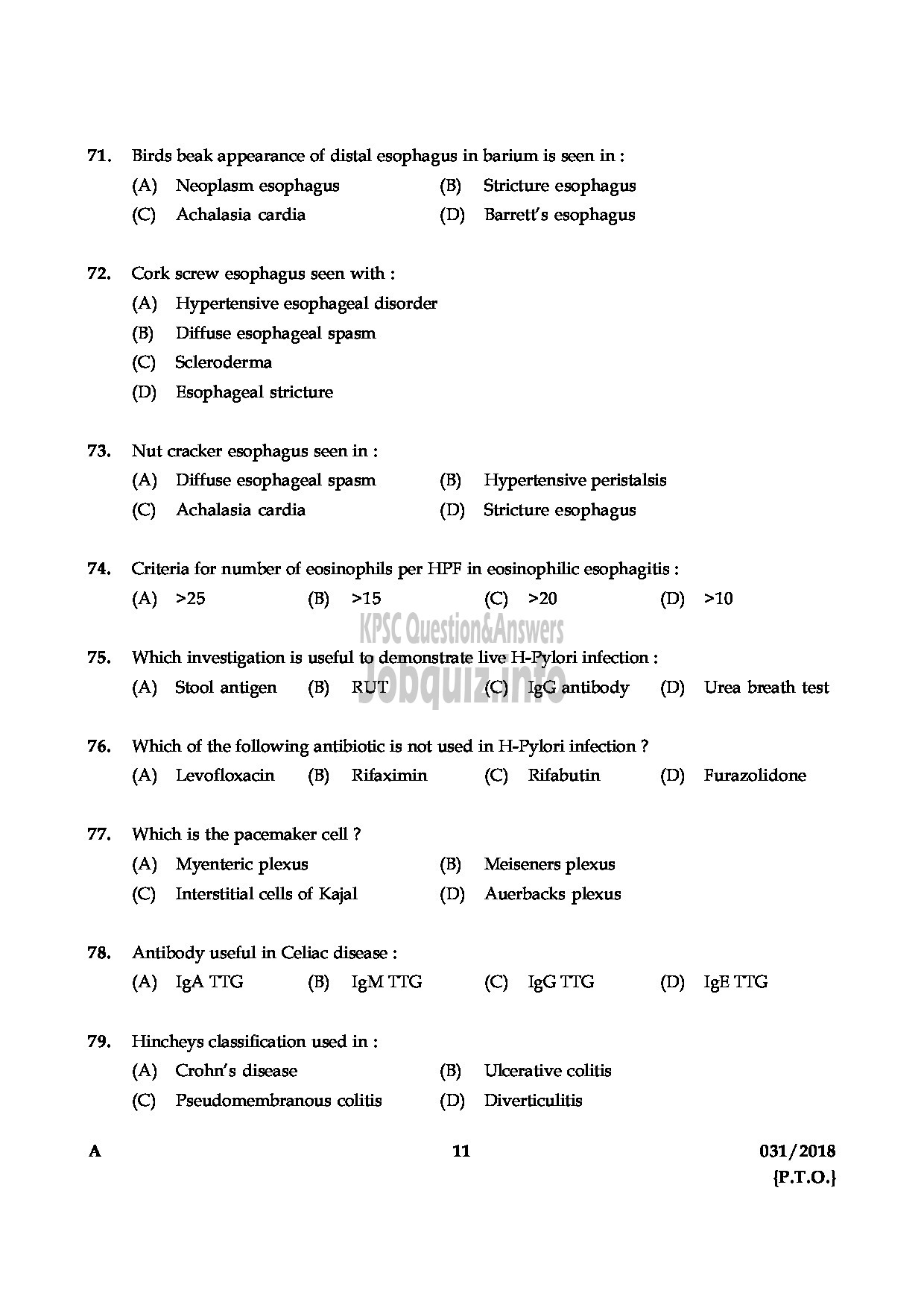 Kerala PSC Question Paper - ASSISTANT PROFESSOR IN MEDICAL GASTROENTEROLOGY MEDICAL EDUCATION-11