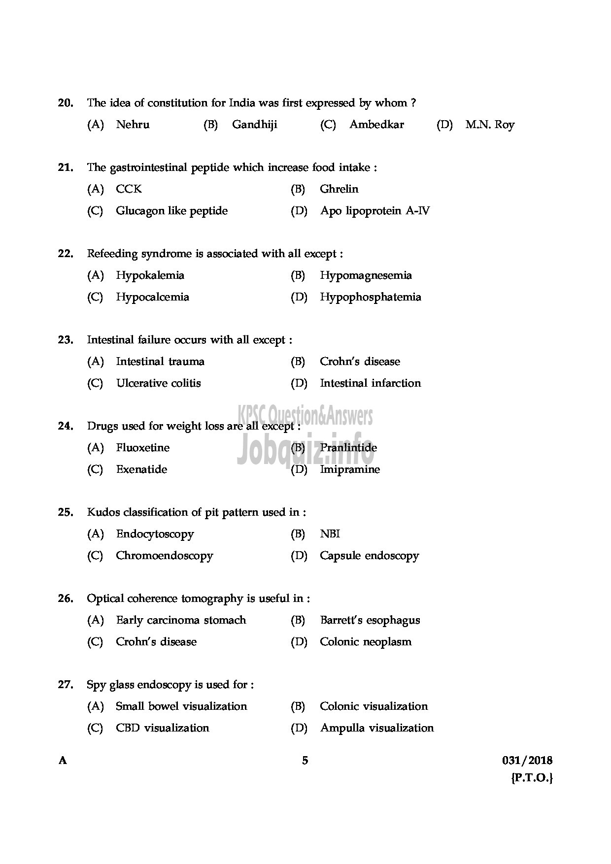 Kerala PSC Question Paper - ASSISTANT PROFESSOR IN MEDICAL GASTROENTEROLOGY MEDICAL EDUCATION-5