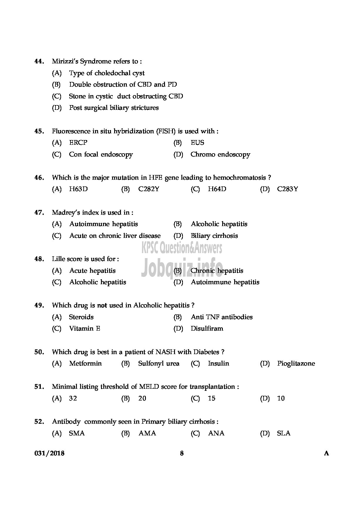 Kerala PSC Question Paper - ASSISTANT PROFESSOR IN MEDICAL GASTROENTEROLOGY MEDICAL EDUCATION-8