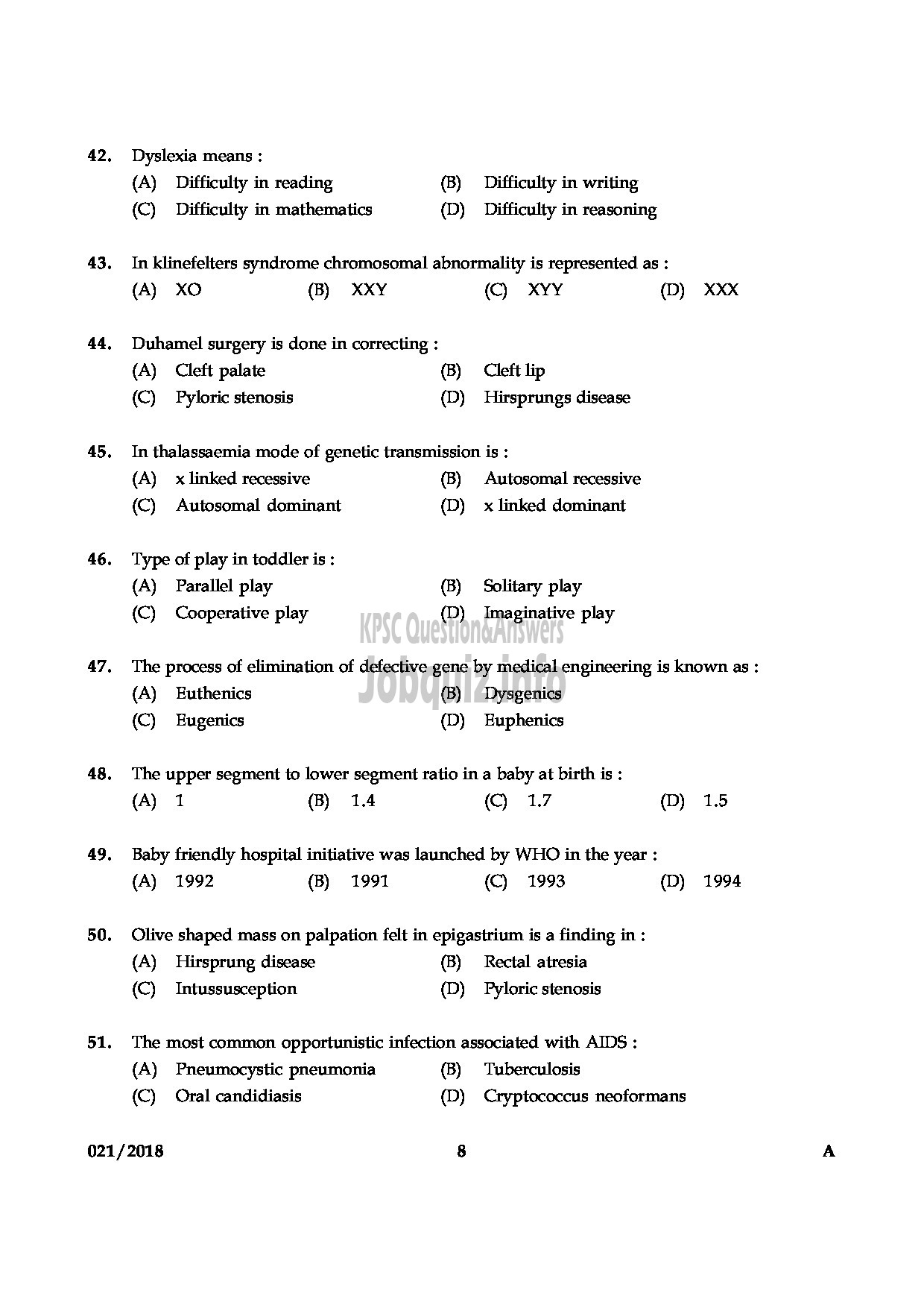 Kerala PSC Question Paper - ASSISTANT PROFESSOR IN NURSING MEDIICAL EDUCATION-8