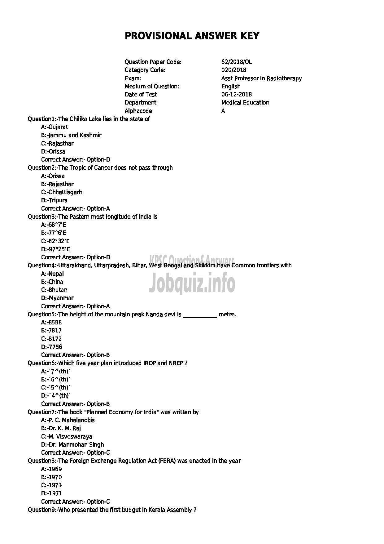 Kerala PSC Question Paper - ASSISTANT PROFESSOR IN RADIOTHERAPY MEDICAL EDUCATION-1